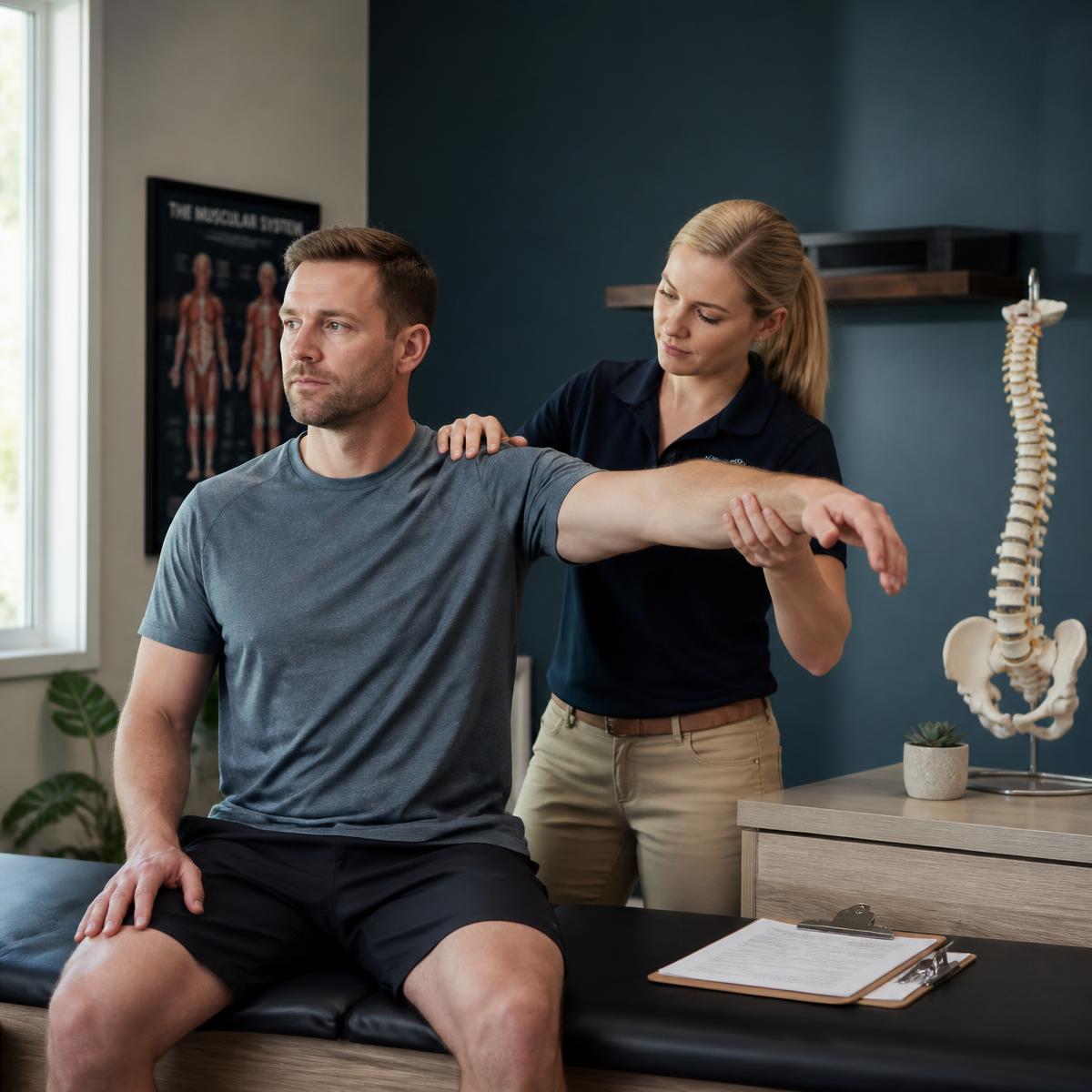 Physical therapist assessing an active patient's shoulder movement before treatment
